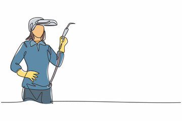 Poster - single continuous line drawing of young attractive female welder holding hands on hip. professional 