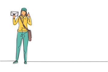Poster - Single continuous line drawing postwoman standing with call me gesture, sling bag, uniform, holding envelope delivering mail to home address. Dynamic one line draw graphic design vector illustration