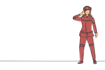 Poster - Single continuous line drawing female firefighter stood with call me gesture, wearing helmet and uniform work to extinguish fire at building. Dynamic one line draw graphic design vector illustration