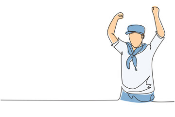Poster - Single continuous line drawing sailor man with celebrate gesture and scarf around his neck ready sail across seas in a ship headed by captain. Dynamic one line draw graphic design vector illustration