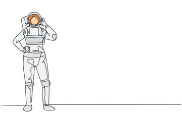 Poster - Single continuous line drawing female astronaut stands with call me gesture wearing spacesuit exploring earth, moon, other planets in universe. Dynamic one line draw graphic design vector illustration