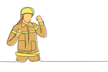 Poster - Single continuous line drawing firefighters with celebrate gesture, full uniform, and wearing helmet prepare to put out the fire that burned building. One line draw graphic design vector illustration