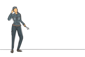 Poster - continuous one line drawing female mechanic stands up with call me gesture and holding wrench to per