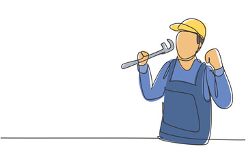 Poster - single continuous line drawing plumber with celebrate gesture ready to work on repairing leaking dra
