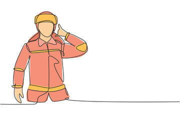 Poster - Single one line drawing firefighters with uniform, call me gesture and wearing helmet prepare to put out the fire that burned building. Modern continuous line draw design graphic vector illustration