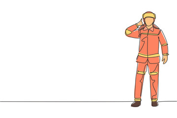 Poster - Continuous one line drawing firefighters stood with call me gesture, wearing helmets and complete uniforms work to extinguish fire at building. Single line draw design vector graphic illustration