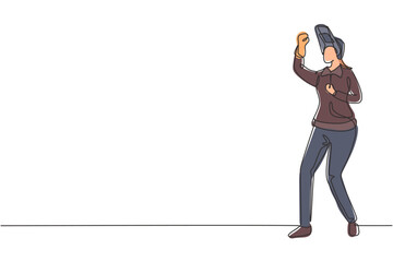 Poster - continuous one line drawing female welder stands with celebrate gesture and face shield is removed r