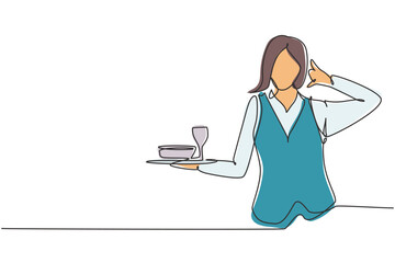 Poster - Continuous one line drawing waitress with call me gesture and brought a tray of drinking glasses serving visitors at cafeteria. Professional job. Single line draw design vector graphic illustration