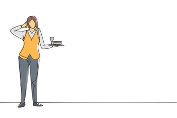 Poster - single continuous line drawing waitress stood up with call me gesture and brought tray of drinking g