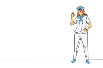 Poster - Continuous one line drawing sailor woman stands with gesture okay and scarf around his neck join cruise ship carrying passengers traveling seas. Single line draw design vector graphic illustration