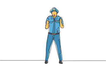 Poster - Continuous one line drawing pilot stands with celebrate gesture and complete uniform serves airplane passengers fly to destination. Success person. Single line draw design vector graphic illustration