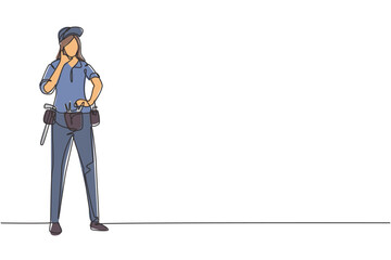 Poster - single continuous line drawing handywoman stands with call me gesture and tools such as pliers, scre