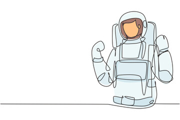 Poster - Single continuous line drawing astronaut with celebrate gesture wearing spacesuits to explore outer space in search mysteries of universe. Dynamic one line draw graphic design vector illustration