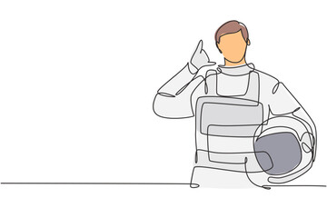 Poster - Single continuous line drawing astronaut with call me gesture wearing spacesuits to explore outer space in search mysteries of universe. Great job. One line draw graphic design vector illustration