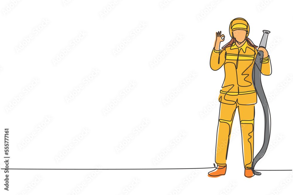 Vector de Stock Single one line drawing firefighters stood wearing ...