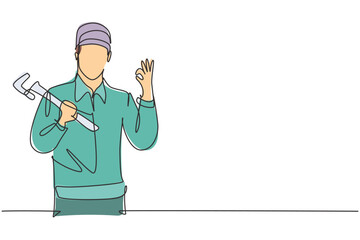 Poster - Continuous one line drawing plumber with gesture okay ready to work on repairing the leaking drain in sink and house's drains. Success business. Single line draw design vector graphic illustration
