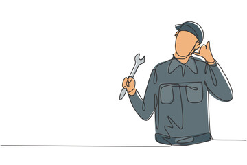 Poster - Continuous one line drawing mechanic with call me gesture and holding wrench works to fix broken car engine in garage. Success business concept. Single line draw design vector graphic illustration