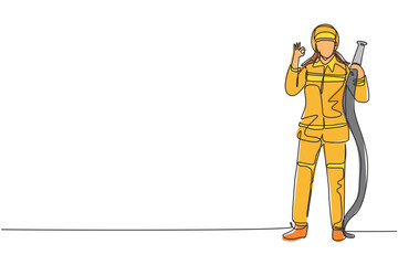 Poster - Single one line drawing firefighters stood wearing helmets and uniforms complete with gesture okay work to extinguish fire at building. Modern continuous line draw design graphic vector illustration