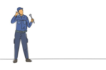 Poster - Single one line drawing mechanic stands up with call me gesture and holding wrench to perform maintenance on vehicle engine. Success business. Continuous line draw design graphic vector illustration