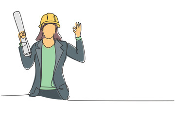 Wall Mural - Single continuous line drawing female architect with gesture okay and wearing helmet carried building construction drawing paper. Success business. One line draw graphic design vector illustration