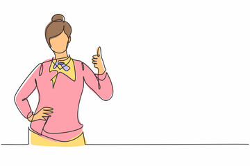 Poster - Single continuous line drawing flight attendant with a thumbs-up gesture is ready to serve airplane passengers in a friendly and warm manner. Dynamic one line draw graphic design vector illustration