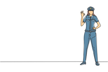 Poster - Single one line drawing of female pilot stands with gesture okay and complete uniform serves airplane passengers fly to destination. Modern continuous line draw design graphic vector illustration