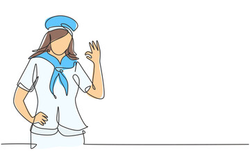 Poster - Single one line drawing sailor woman with gesture okay and scarf around his neck ready sail across seas in a ship headed by captain. Modern continuous line draw design graphic vector illustration