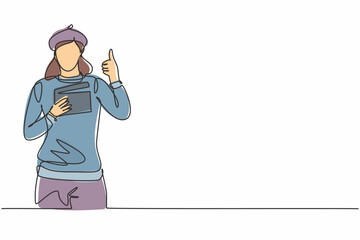 Poster - Continuous one line drawing female film director with a thumbs-up gesture while holding the clapperboard set the crew for studio shooting. Single line draw design vector graphic illustration