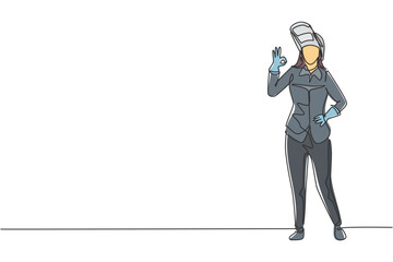 Poster - Single one line drawing female welder stands with gesture okay and face shield is removed ready to work in his iron workshop. Success business. Continuous line draw design graphic vector illustration