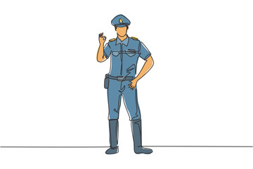 Canvas Print - Continuous one line drawing policeman standing with gesture okay and full uniform works to control vehicle traffic on highway. Standby on patrol. Single line draw design vector graphic illustration