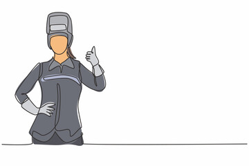 Poster - Single continuous line drawing female welder with a thumb-up gesture works in the construction of a building forming a steel frame melted by fire. One line draw graphic design vector illustration