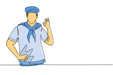 Poster - Continuous one line drawing sailor man with gesture okay and scarf around his neck ready sail across seas in a ship headed by captain. Success job. Single line draw design vector graphic illustration