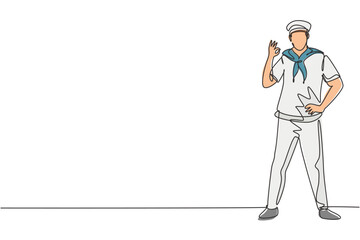 Poster - Single one line drawing sailor man stands with gesture okay and scarf around his neck join cruise ship carrying passenger traveling across seas. Continuous line draw design graphic vector illustration