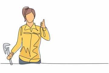 Poster - continuous one line drawing a plumber woman with a thumbs-up gesture at work fixing leaking drains i