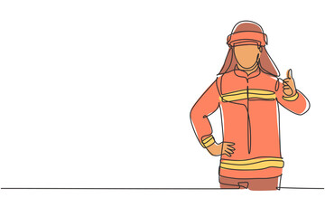 Poster - Single continuous line drawing firefighters in uniform complete with a thumbs-up gesture prepare to put out the fire that burned the building. Dynamic one line draw graphic design vector illustration.