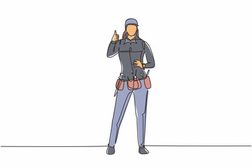 Poster - Continuous one line drawing handywoman stands with thumbs-up gesture and tools such as pliers, screwdriver, hammer that is placed on his work shirt. Single line draw design vector graphic illustration