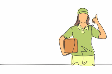 Poster - Single one line drawing of delivery lady with a thumbs-up gesture, carrying the package box to be delivered to customers with the best service. Continuous line draw design graphic vector illustration