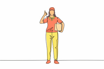 Poster - Single continuous line drawing delivery lady stands with thumbs-up gesture, carrying package box that the customer has ordered to be delivered safely. One line draw graphic design vector illustration