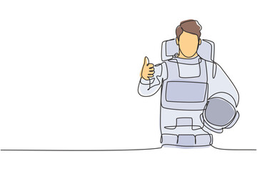 Poster - Continuous one line drawing astronauts with a thumbs-up gesture wearing spacesuits to explore outer space in search of the mysteries of universe. Single line draw design vector graphic illustration.