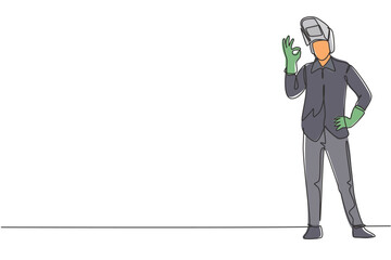 Poster - single one line drawing of welder stands with gesture okay and face shield is removed ready to work 