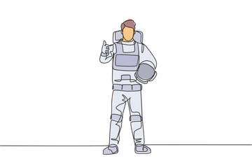 Poster - Single continuous line drawing astronaut stands with thumbs-up gesture wearing space suit exploring earth, moon, other planets in the universe. Dynamic one line draw graphic design vector illustration