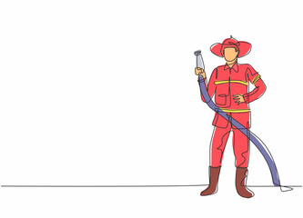 Poster - Single one line drawing of young fireman pose standing and holding water nozzle. Professional work profession and occupation minimal concept. Continuous line draw design graphic vector illustration