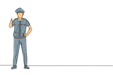 Poster - Single one line drawing of pilot stands with a thumbs-up gesture and complete uniform serves airplane passengers fly to their destination. Continuous line draw design graphic vector illustration.