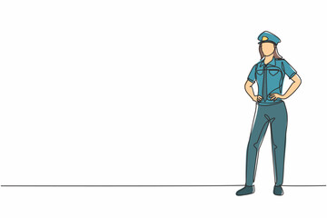Poster - continuous one line drawing of young beautiful female police on uniform standing with hands on hip. 