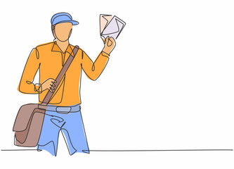 Poster - Single continuous line drawing of young postman holding envelopes to be sent to customer. Professional work job occupation. Minimalism concept one line draw graphic design vector illustration