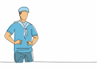 Poster - Continuous one line drawing of young sailor man wearing sailing uniform with hat before have a sail. Professional job profession minimalist concept. Single line draw design vector graphic illustration