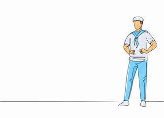 Poster - Single continuous line drawing of young handsome sailor man pose standing on cruise ship. Professional work job occupation. Minimalism concept one line draw graphic design vector illustration