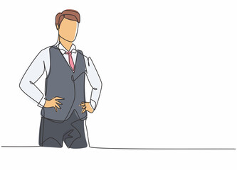 Poster - Single one line drawing of young male flight attendant wearing uniform neatly. Professional work profession and occupation minimal concept. Continuous line draw design graphic vector illustration