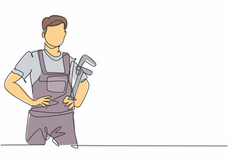 Wall Mural - Single one line drawing of young male plumber wearing uniform holding pipe wrench. Professional work profession and occupation minimal concept. Continuous line draw design graphic vector illustration