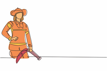 Poster - Single continuous line drawing of young beauty brave female firefighter holding hands on hip. Professional work job occupation. Minimalism concept one line draw graphic design vector illustration